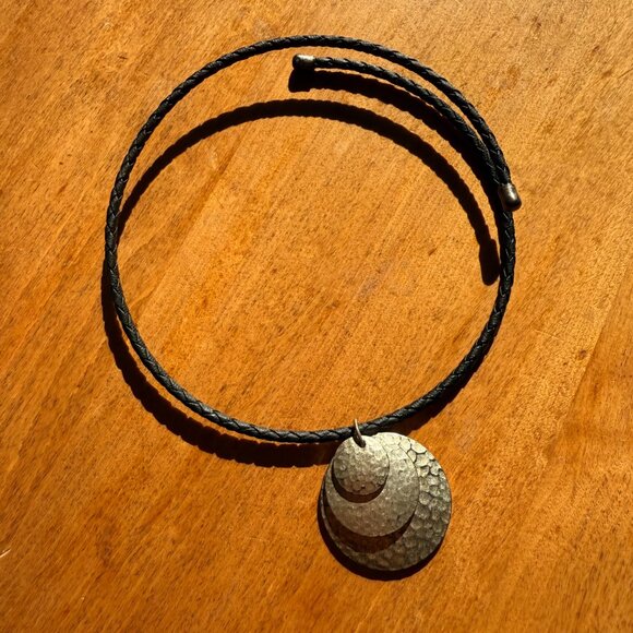 Black Choker with Hammered Silver Circles Necklace - Picture 2 of 5